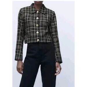 ZARA Tartan Tweed Plaid Gold Button Blazer Jacket BLOGGERS FAV Medium